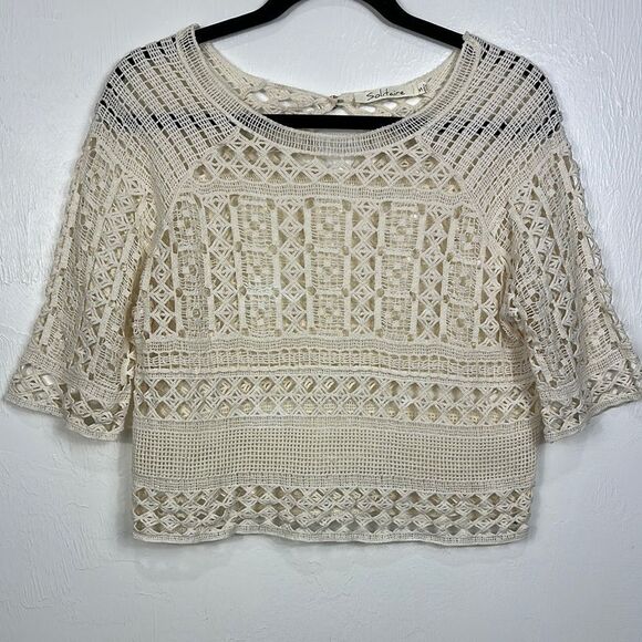 Solitaire Mid Length Sleeve Cream Crochet Blouse Top Size S - Picture 1 of 6